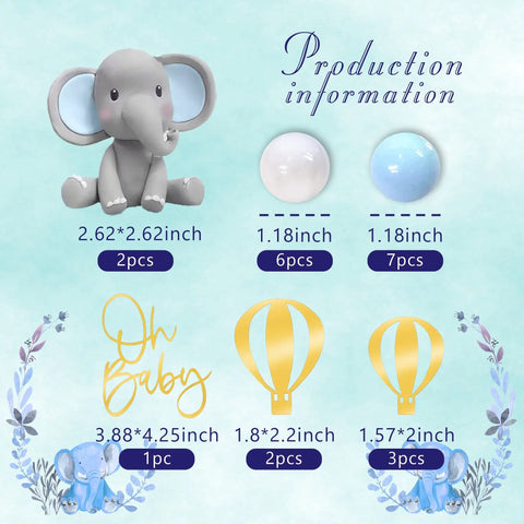 Too Cute Elephant Themed Cake Decor Set For Baby Birthday Cakes With Mini Elephants Blue And White Pearl Balls Hot Air Balloon Accents Oh Baby Cake Topper And Foam Ball Ornaments dimensions chart