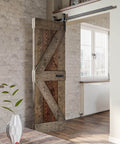 Installed Embossed Bi Fold Barn Door With Sliding Hardware Kit In Dark Walnut Aged Barrel Finish, 3D Texture Pine Wood Surface