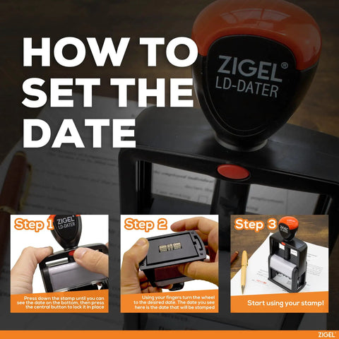 Heavy Duty Self Inking Date Stamp Featuring Sleek Black Ink And Comfortable Ergonomic Design With An Extra Large Month Day Year Layout instruction steps for use.