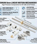 Components of an 8x8 Lead Screw Shaft Kit with 304 stainless steel guide rods and SC8UU bearing blocks for CNC and 3D printers
