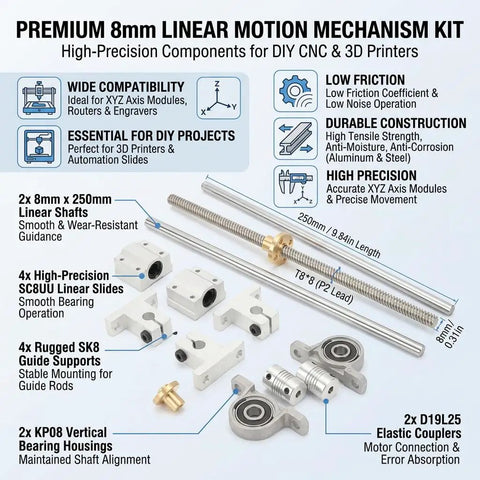 Components of an 8x8 Lead Screw Shaft Kit with 304 stainless steel guide rods and SC8UU bearing blocks for CNC and 3D printers