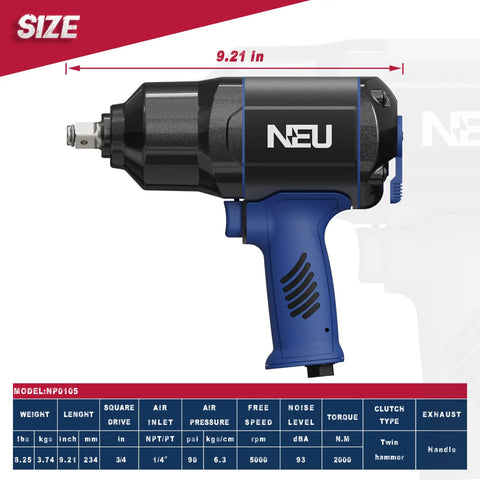 Three Quarters Inch Pneumatic Impact Wrench With Twin Hammers, 1480 Ft Lb Max Torque, side view, measurements shown