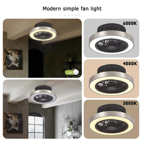 Enclosed 16 Inch Flush Mount Ceiling Fan With Lights, Low Profile Dope Black And Brushed Nickel Finish in various color temps
