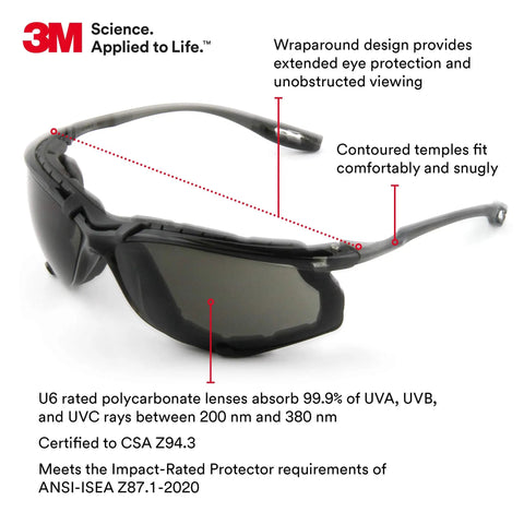 Virtua CCS Safety Glasses With Anti Fog Lens, Gray Lens, Black Frame, featuring wraparound design and adjustable temples.
