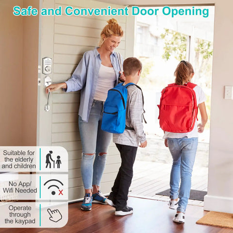 Woman with children using Keypad Deadbolt Lock With Backlit Keypad For Keyless Entry, Satin Nickel, Battery Powered, Weatherproof Design, Auto Lock, 50 User Codes, Simple Install, Beef Up Security At Home, Apartment, Or Office Access Control on door