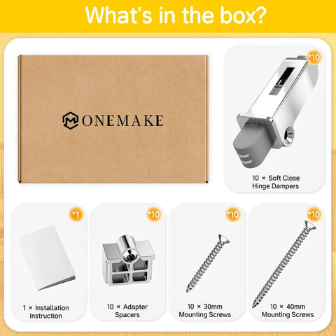 Soft Close Motion Damper For Cabinets, Smooth No Slam Closing, Hydraulic Buffer, Replacement Hardware, Hidden Concealed Mechanism For Face Frame And Frameless Hinges, 55N, Easy Side Mount Installation; box contents