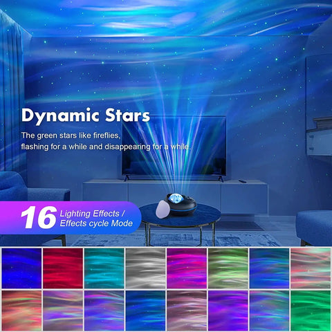 Living room showcasing Aurora 4 In 1 Galaxy Star Projector With Bluetooth Speaker, projecting dynamic stars and northern lights on ceiling.