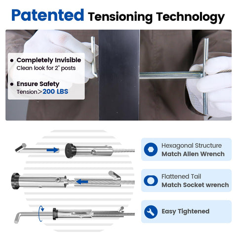 Patent Swageless Invisible Cable Railing Kit No Crimp Needed Hardware Swageless Fittings Tensioner Hidden For Two By Two Post