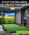 Spacious 11x8ft Golf Simulator Hitting Net With Dual Layer HD Impact Screen and Cage in Indoor Setup