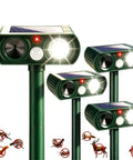 4 Pack Solar Powered Ultrasonic Animal Deterrents For Outdoor Gardens With Motion Sensor And Flash Light IP65 Waterproof, green stake units
