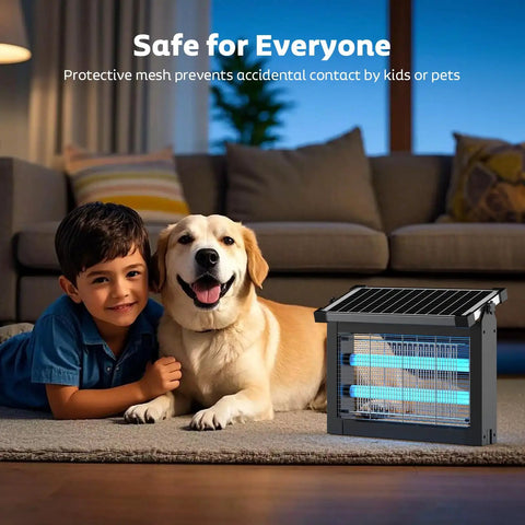 Solar Bug Zapper Outdoor Cordless Mosquito Killer Lamp displayed in a living room setting, safe for kids and pets, with 10W solar panel.
