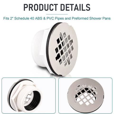 Slick Two Inch No Caulk Pvc Compression Shower Drain With Four Point Two Five Inch Knockout Steel Grate showing detailed components.
