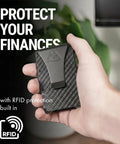 Person holding Ultra Slim Minimalist Wallet For Men And Women With RFID Blocking, Money Clip And Card Holder.