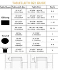 Tablecloth size guide chart showing dimensions and seating for oblong, round, and square table shapes.