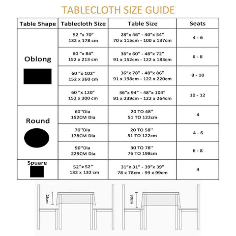 Tablecloth size guide chart showing dimensions and seating for oblong, round, and square table shapes.