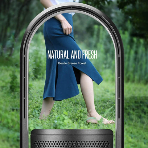 Keep It Chill And Clear The Air With This Top Shelf Bladeless Tower Fan Air Purifier Combo Sporting True HEPA Filtration in greenery.