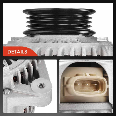 Close-up of Alternator For Scion Xb 2004 2006 And Toyota Echo 2004 2005 1.5L 12V 80A With 4 Groove Pulley Clockwise Direct Fit Replacement.