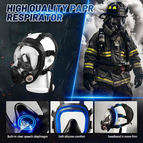 No Sweat Portable PAPR Respirator Setup With Long Haul Battery And Comfort Waist Strap For Rough Tasks Like Epoxy Mixing Auto Body Prep And Fume Heavy Grinding with clear speech diaphragm and silicone comfort.