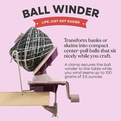 Purple Yarn Ball Winder For Knitting And Crocheting, Easy To Use Tool That Winds Hanks Into Center Pull Cakes Up To 100 Grams, Works With Lace To Worsted Weights, Makes Quick Mess Free Yarn Prep For Projects. Clamp-on yarn winder on table with skein