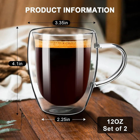 Grab These Sleek Double Wall Glass Coffee Mugs Set Of Two, Tough Borosilicate Build with 120oz capacity and ergonomic handle.
