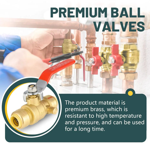 Half Inch Push Fit Ball Valves With Drain, Five Pack Shut Off Valves With Disconnect Clips, One Quarter Turn Red Brass Full Port Shut Off Ball Valve For Hot And Cold Water, NSF ANSI 61 Certified, Easy Install