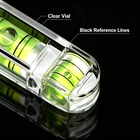Close-up of Mini Bubble Spirit Levels, 3 Pcs 30 X 9Mm Layout Tools with clear vials and black reference lines.
