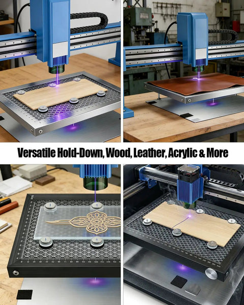 Laser Cutter Riser Set With Half Inch Precision Lift, 43mm Heavy Duty Magnet, Clear Acrylic Spacer and Metal Knurled Nut in use.