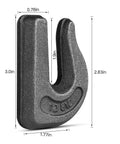 Close-up of 4 Pack Three Eighths Inch Weld-On Chain Hooks Grade 70 Forged Tow Hooks For Trailers Trucks Rigging 6600 Lbs with dimensions.