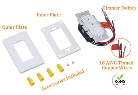 In-Wall Dimmer Switch for LED, CFL, and Incandescent Lights with white plates, wiring, and accessories included, UL Listed.