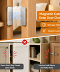 Ultra Thin Magnetic Cabinet Catch With No Drill Adhesive Mount installed on wooden cabinet door demonstrating rock solid hold.