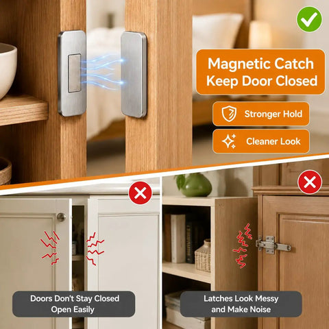 Ultra Thin Magnetic Cabinet Catch With No Drill Adhesive Mount installed on wooden cabinet door demonstrating rock solid hold.