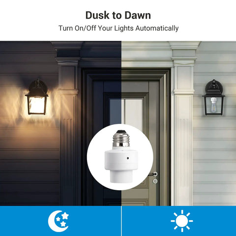 Dusk To Dawn Light Socket With Sensor And Timer, No Fuss E26 Indoor Outdoor Conversion For Porch Garage Garden Patio Waterproof