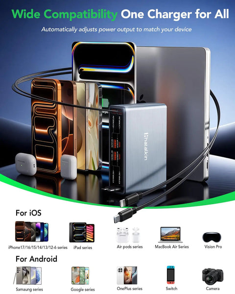 8-In-1 Retractable Charging Dock For iPhone Samsung Galaxy Pixel And iPad 105W Max USB-C Hub shown with compatible devices
