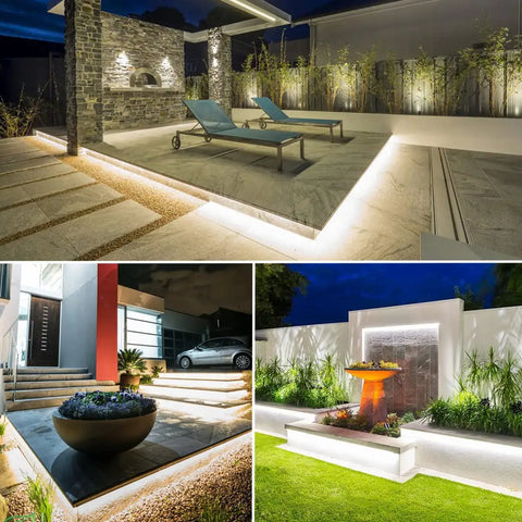 Lit 40Ft LED Rope Lights Dimmable Indoor Outdoor Waterproof 6000K Daylight White illuminating patios and gardens at night
