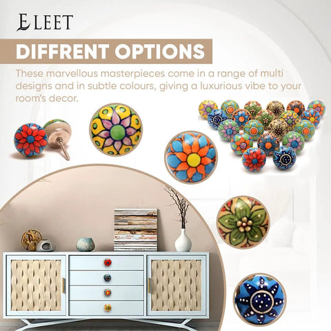Multicolor Assorted Ceramic Cabinet Knobs Set Of 20 With Vintage Cupboard Drawer Pulls And Chrome Hardware displayed on furniture