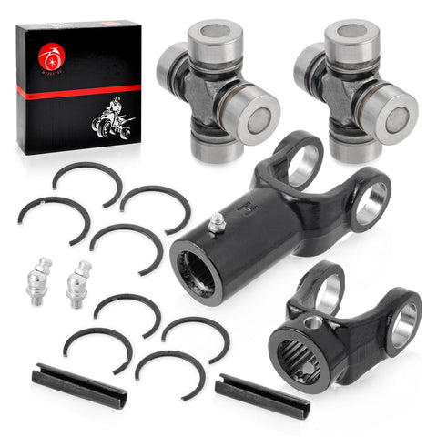 Heavy Duty Prop Shaft Yoke and U Joint Kit for ATV and UTV with yokes, U-joints, and components displayed on white background.