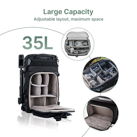 Lancer300 Pro Camera Backpack With Built In 300W Power Station open with 35L+ compartments and modular exoskeleton design