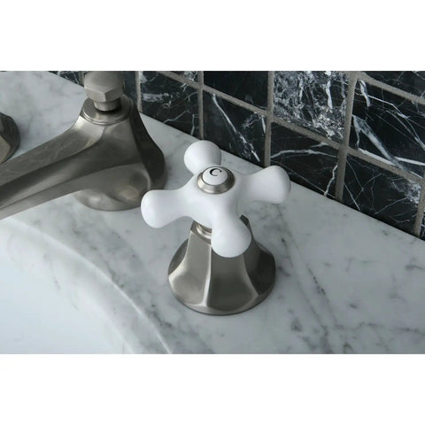 Close-up of New York 8 to 16 Inch Widespread Lavatory Faucet With Brass Pop Up Drain No Drip Ceramic Disc Cartridge.
