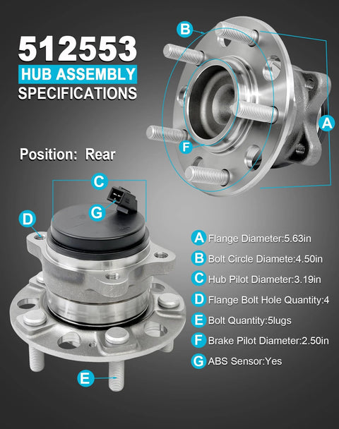 Rear Wheel Bearing Hub Assembly 2 Piece Set With ABS And 5 Lugs Direct Fit For Hyundai Sonata 2015 To 2019