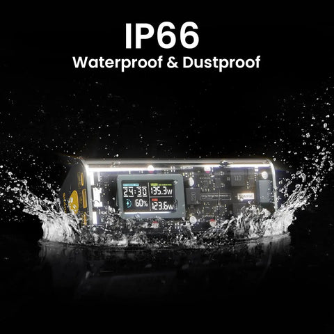 170W Power Bank 24,000mAh High Capacity With 140W PD3.1 Fast Charge For Laptops MacBook Pro iPhone Galaxy S Series And More With Smart Display and IP66 waterproof feature in water splash setting