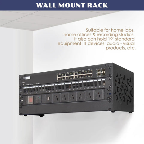 Foldable 12 Inch Depth Open Frame Server Rack for Wall Mount with 1U Panel, black, holding shallow IT gear, no assembly.
