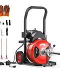 Heavy Hitting 100Ft 3/4 Inch Electric Drain Cleaner Machine With Auto Feed 750W Motor showing machine and accessories for tackling clogs.