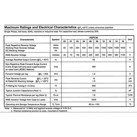 Pack Of 10 KBPC5010 Bridge Rectifier 50A 1000V Full Wave Diode Bridge For Power Supplies And DC Power Systems Metal Case Industrial Grade High Current Durable Packaging Beefy For Inverters And Electronics datasheet ratings table