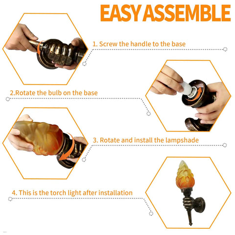 Assembly steps for Two Pack Rustic Industrial Wall Sconces With Flame Glass Lampshade, Fist Shaped Antique Brown Aluminum Brackets.