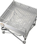 Trailblazer Pop Up Fire Pit 12 By 12 Inch Portable Camp Stove for outdoors, lightweight 3 lb, showing top grilling grid and foldable legs.