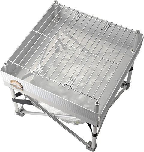 Trailblazer Pop Up Fire Pit 12 By 12 Inch Portable Camp Stove for outdoors, lightweight 3 lb, showing top grilling grid and foldable legs.