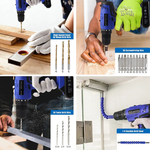 21V Cordless Drill Kit With 350 In Lb Torque, Variable Speed 0-1350 RPM, 10mm 3/8 Inch Keyless Chuck, 18 Plus 1 Clutch, 1.5Ah Li-Ion Battery And Charger, 107 Piece Home Tool Set For Quick DIY Projects