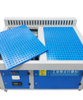 Heavy Duty Industrial Dust Collector Workbench With Side Suction Floor, 4 Horsepower Motor Kicks Welding Dust And Smoke Like A Champ, Comes Packed With Two Polyester Filters And Auto Clean Cycling, blue perforated work surface.
