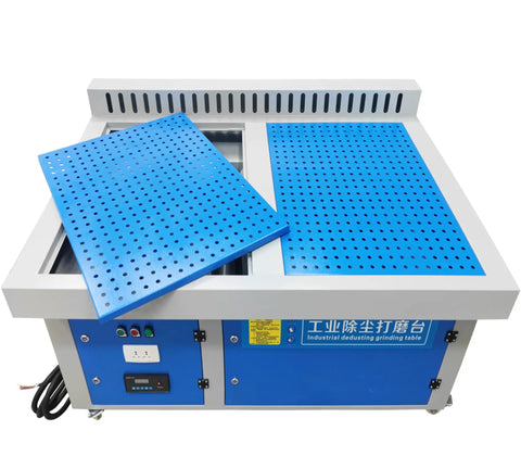 Heavy Duty Industrial Dust Collector Workbench With Side Suction Floor, 4 Horsepower Motor Kicks Welding Dust And Smoke Like A Champ, Comes Packed With Two Polyester Filters And Auto Clean Cycling, blue perforated work surface.
