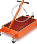 Heavy Duty Low Profile Oil Drain Pan Cart 15 Gallon Capacity With 180 Watt Electric Pump And 8 Foot Hose, orange metal design.